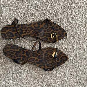 Saint Laurent Cassandra Leopard-Print Grosgrain Sandal with Gold Logo